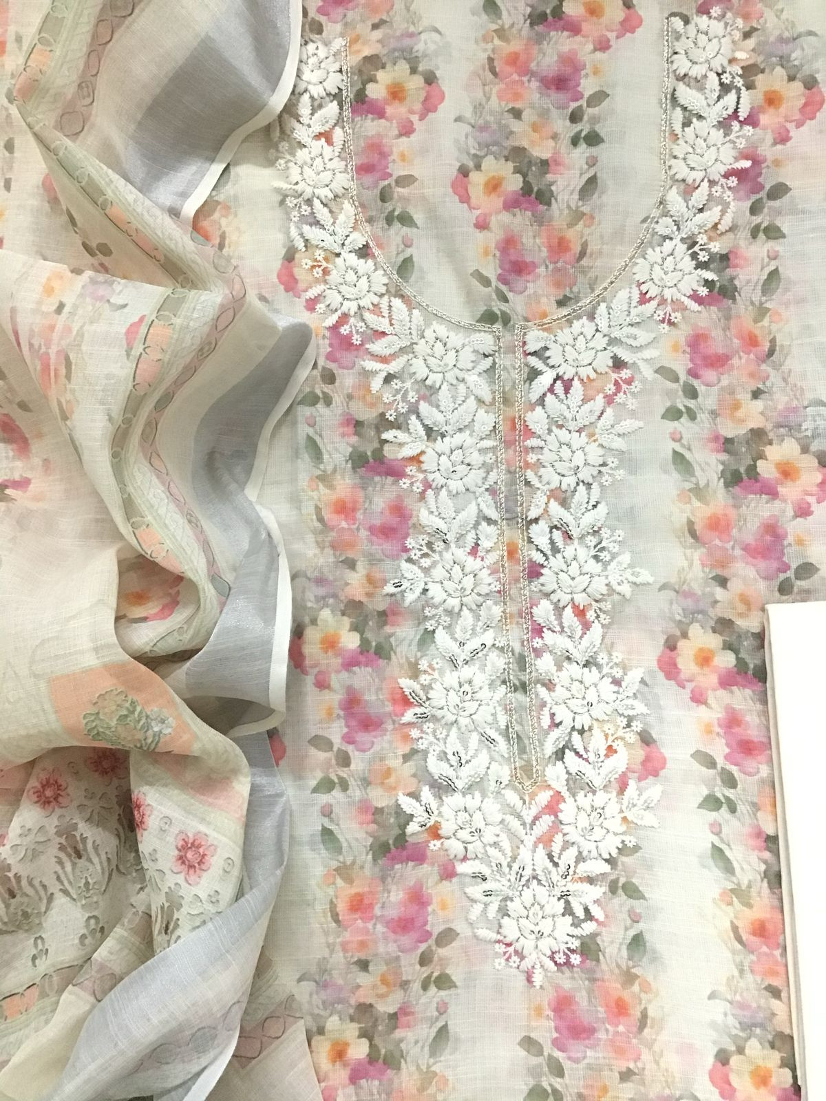 Soft Linen Jute Cotton Printed Embroidered Suit - Cream