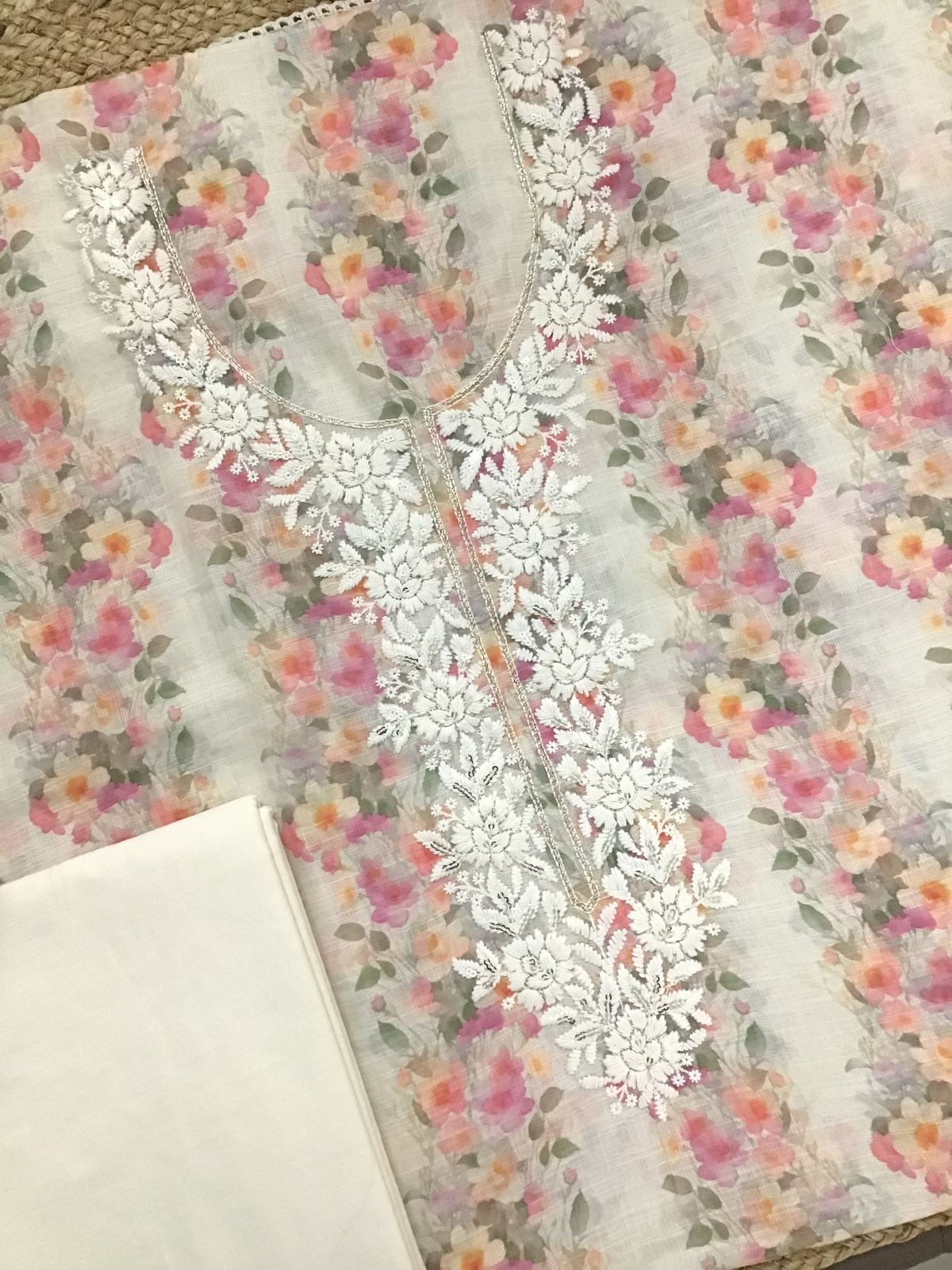 Soft Linen Jute Cotton Printed Embroidered Suit - Cream