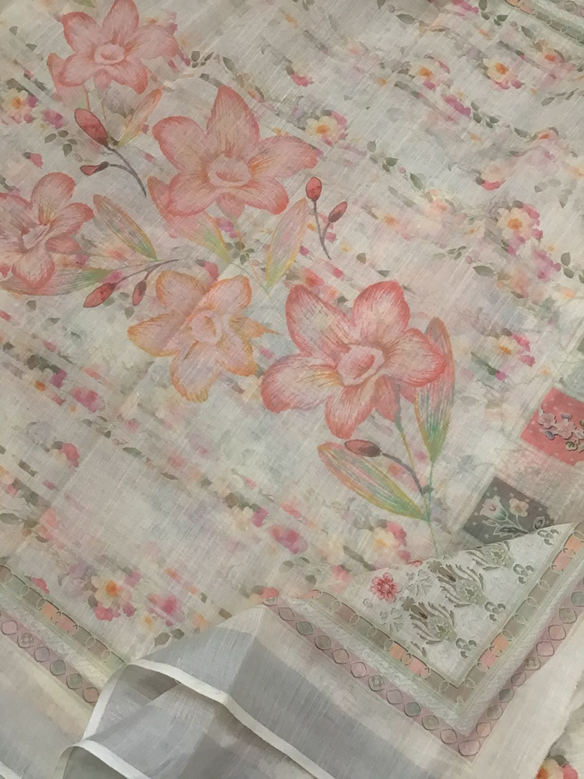 Soft Linen Jute Cotton Printed Embroidered Suit - Cream