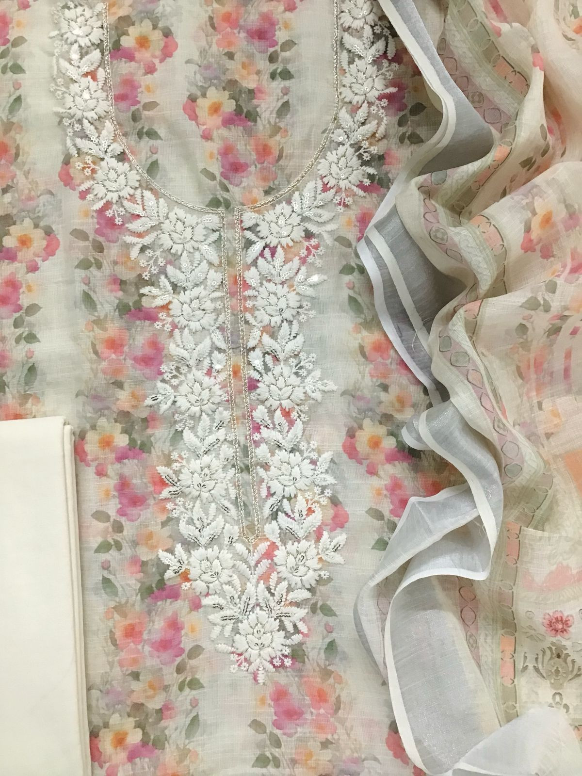Soft Linen Jute Cotton Printed Embroidered Suit - Cream