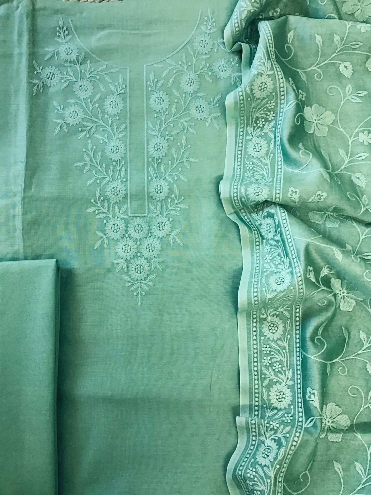 Pure Chanderi Embroidered Suit - Green