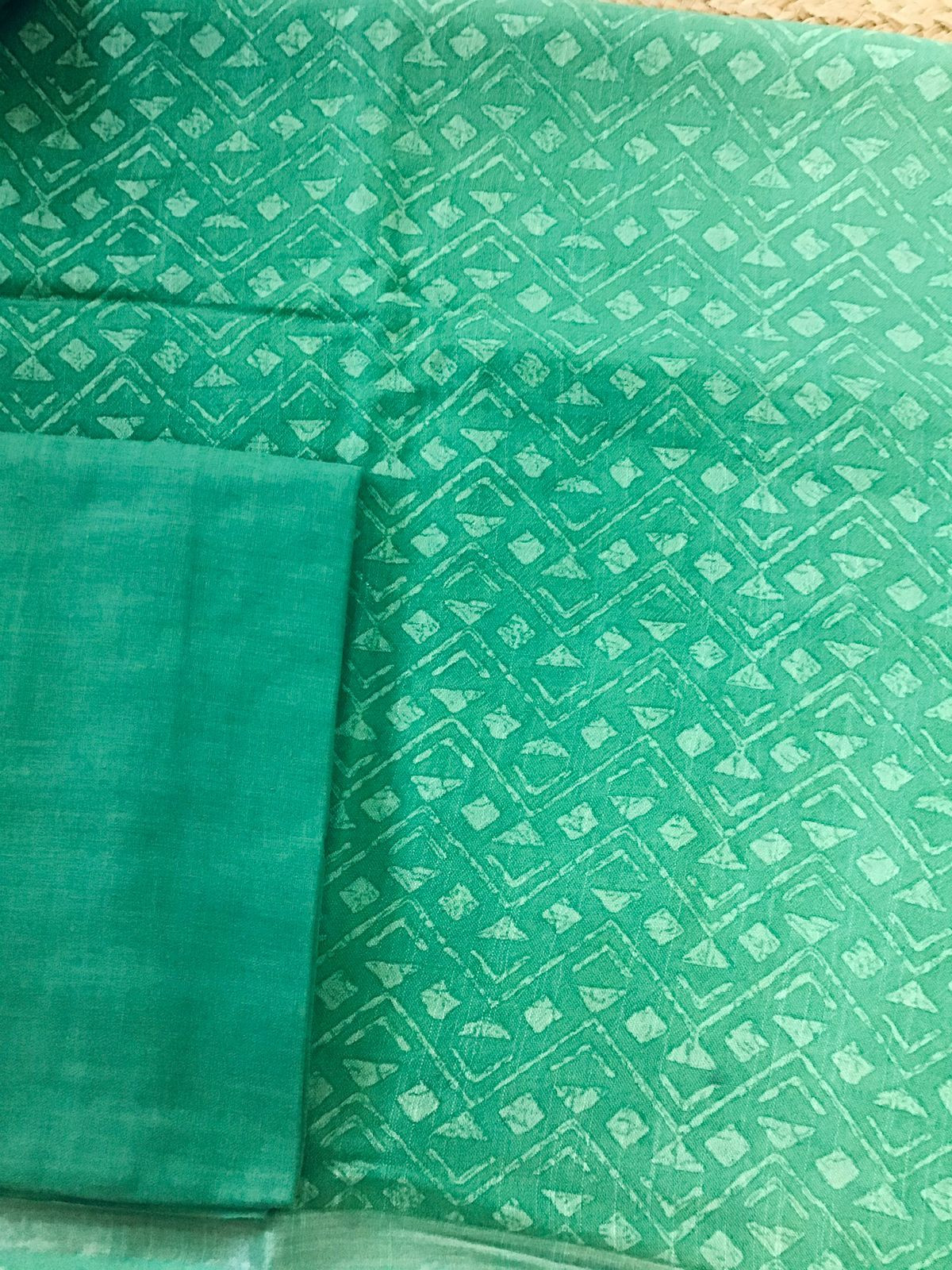 Pure Linen Jute Cotton Printed Suit - Green