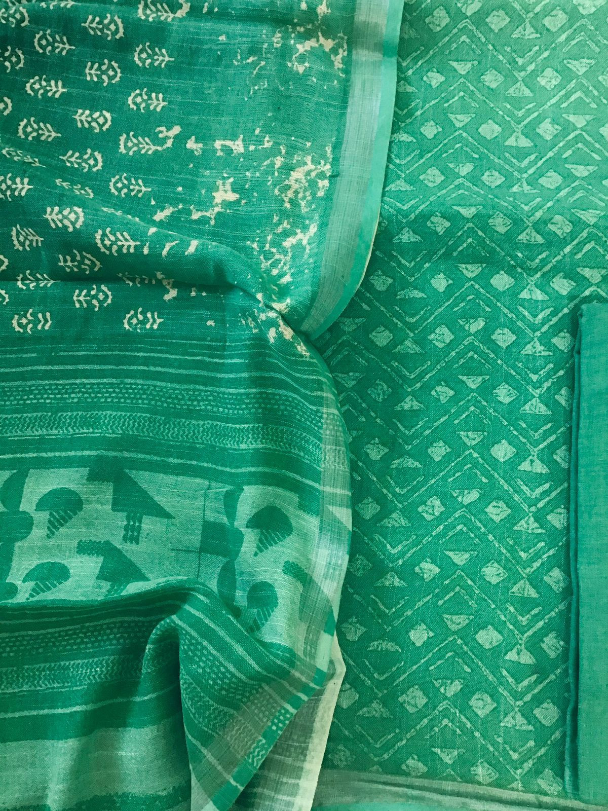 Pure Linen Jute Cotton Printed Suit - Green