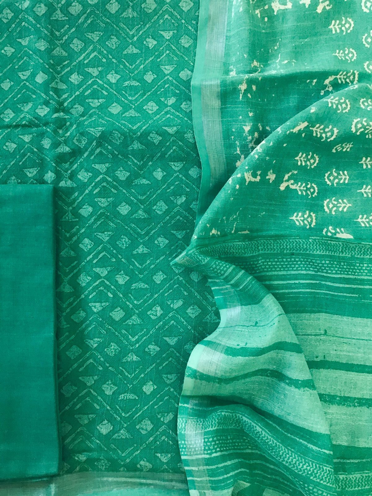 Pure Linen Jute Cotton Printed Suit - Green