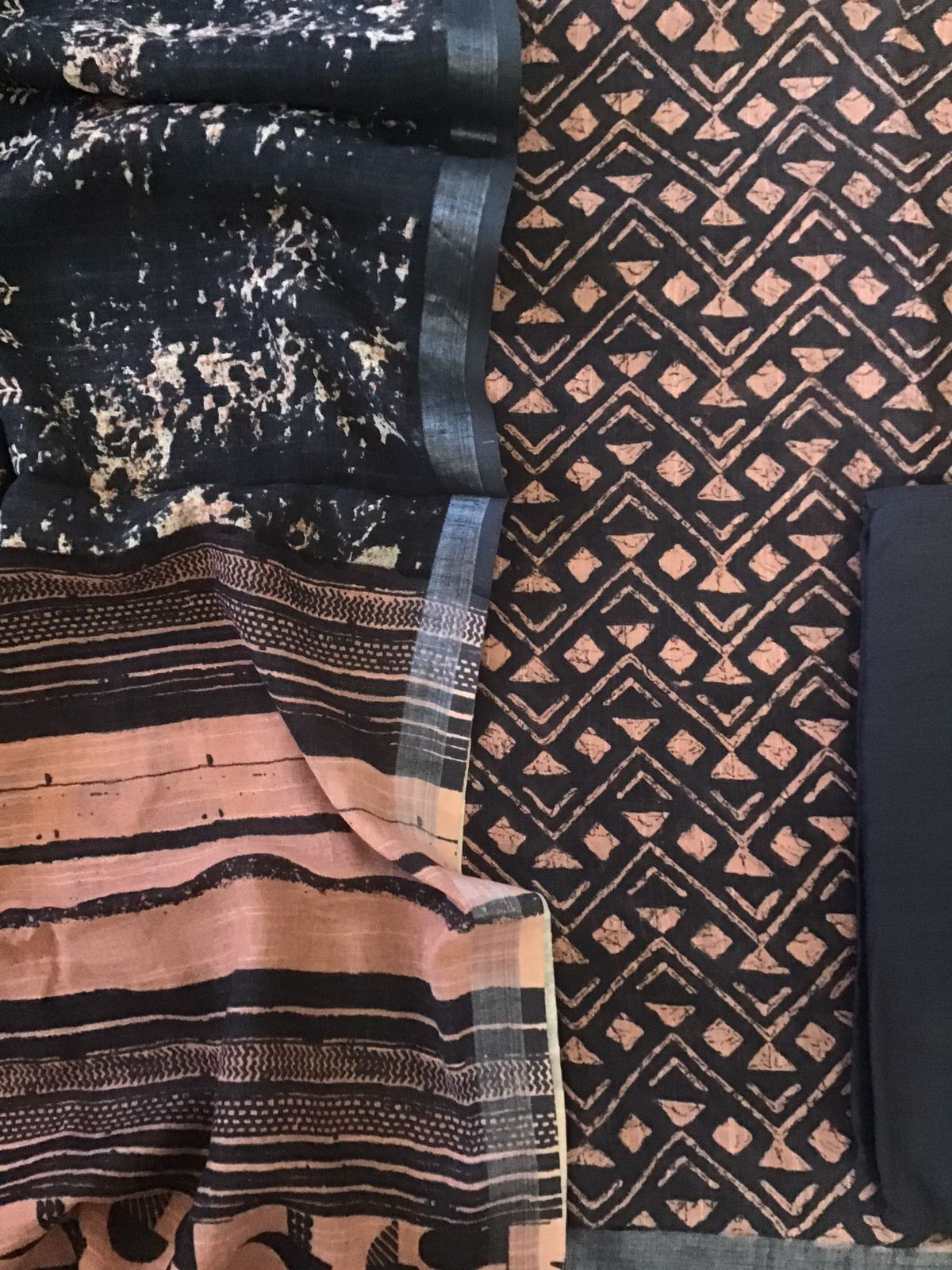 Pure Linen Jute Cotton Printed Suit - Black