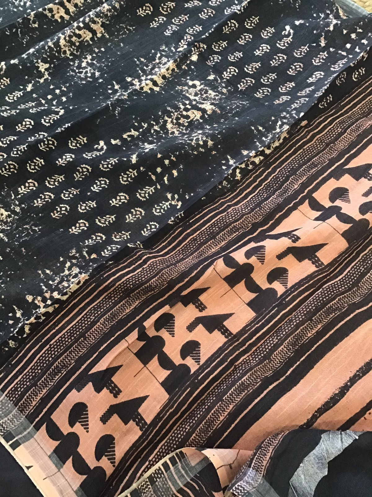 Pure Linen Jute Cotton Printed Suit - Black