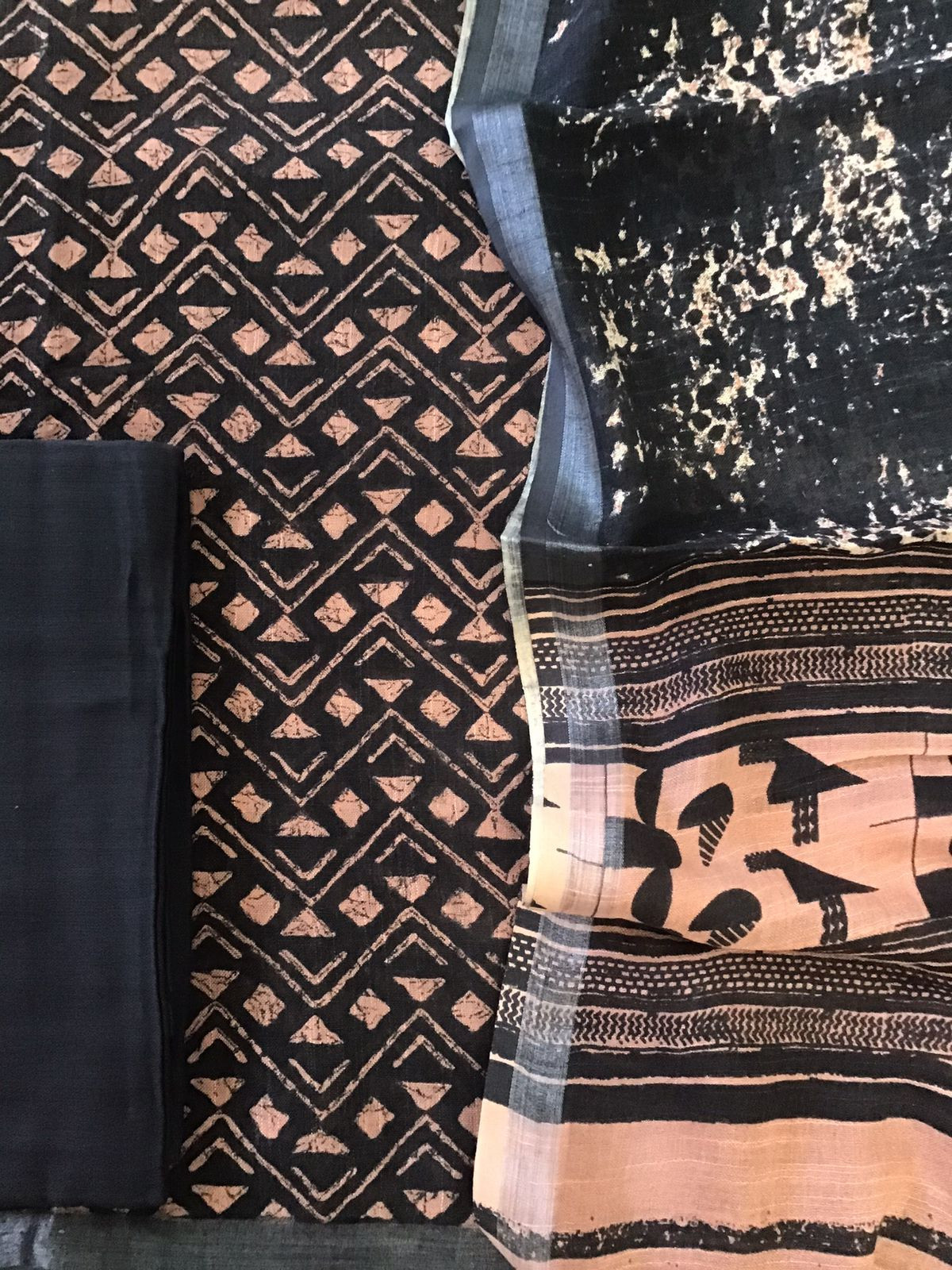 Pure Linen Jute Cotton Printed Suit - Black