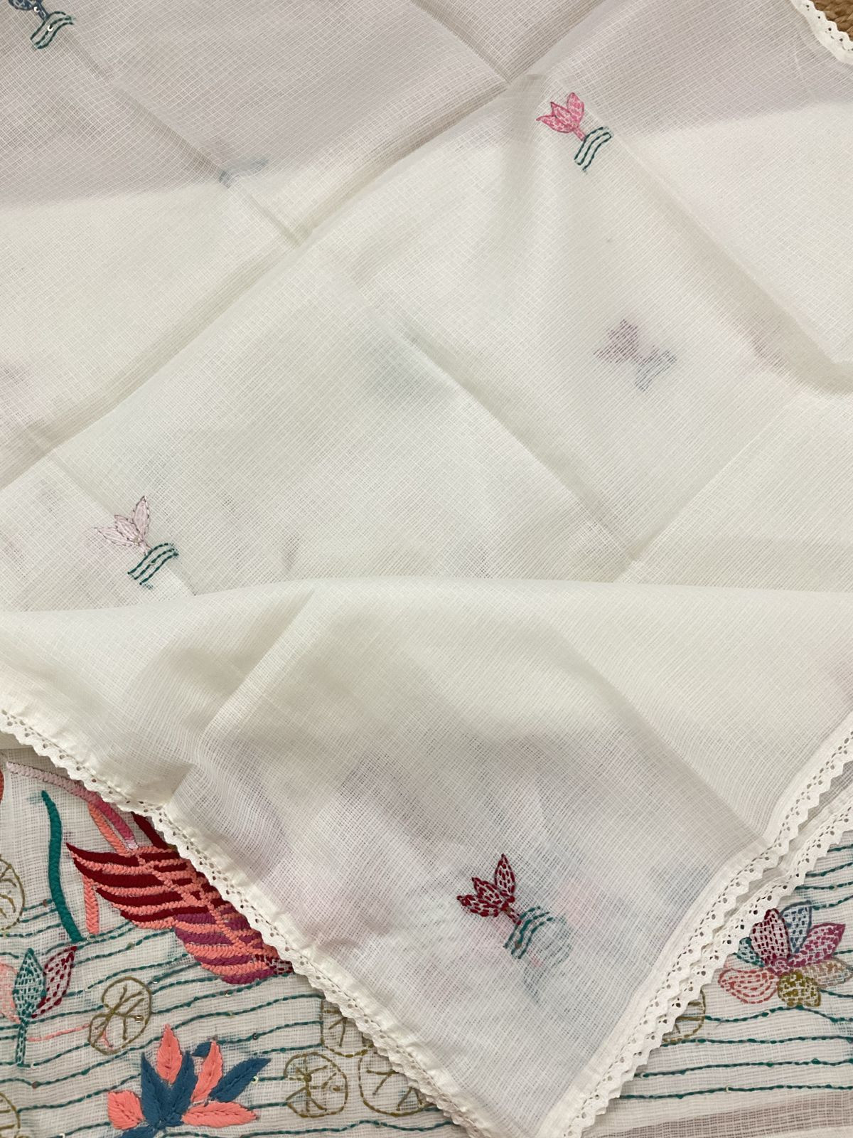 Soft Kota Silk Embroidered Suit - Offwhite