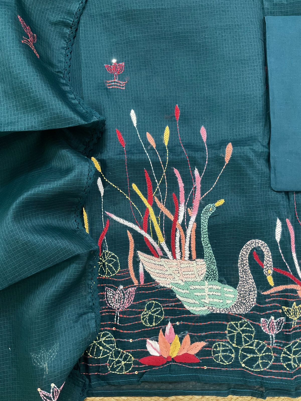 Soft Kota Silk Embroidered Suit - Peacock Blue