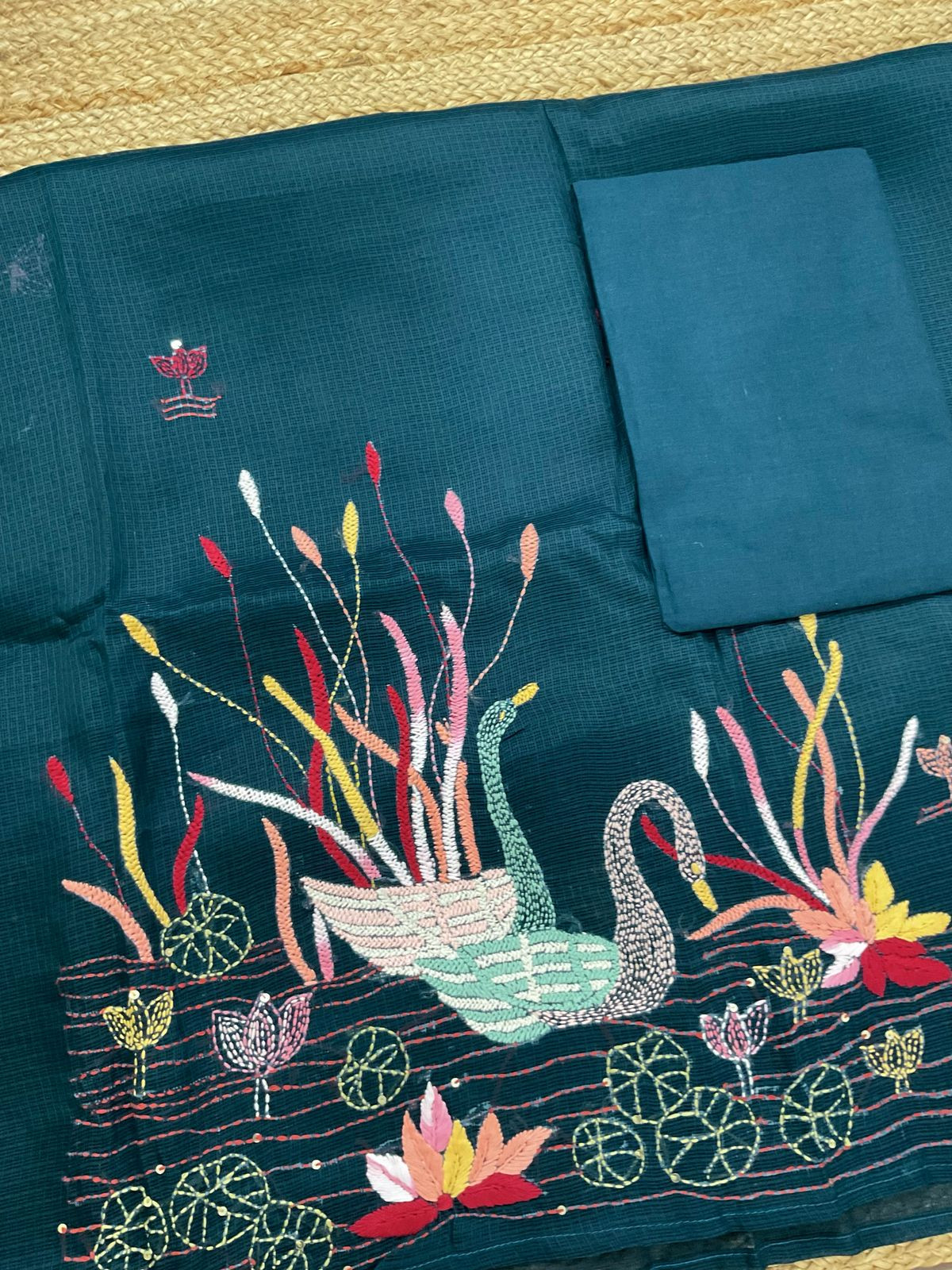 Soft Kota Silk Embroidered Suit - Peacock Blue