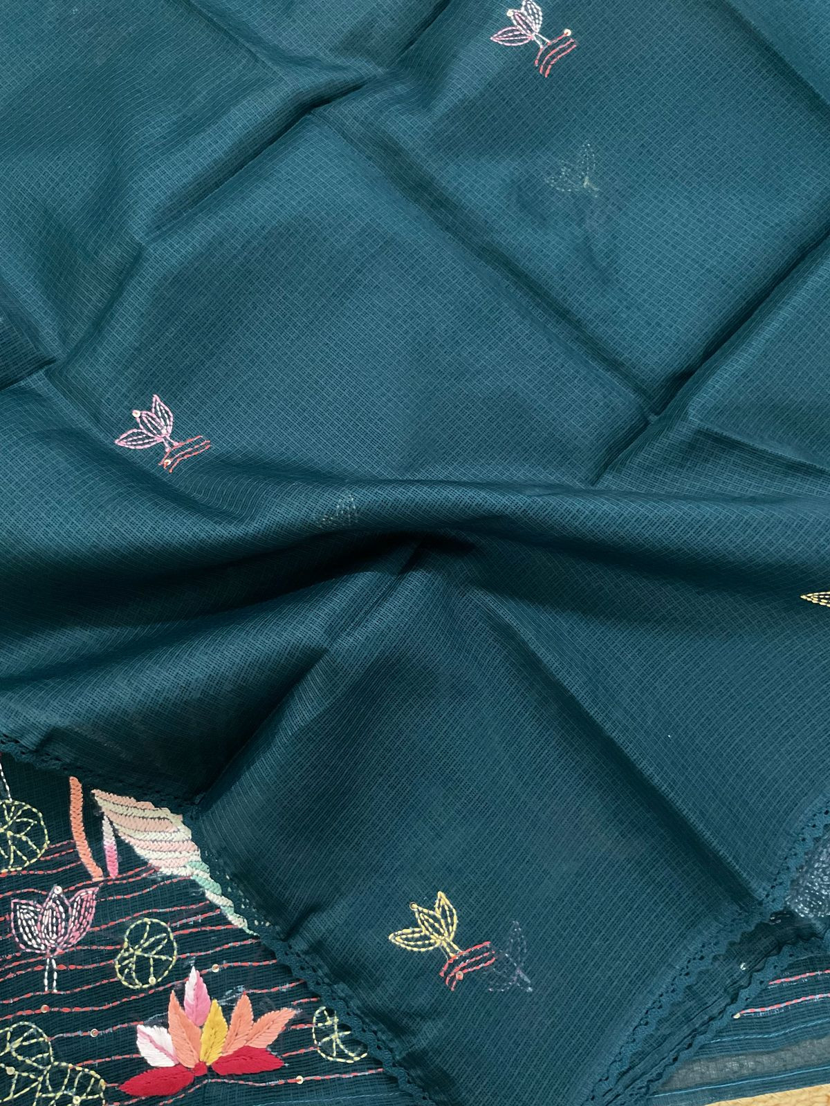 Soft Kota Silk Embroidered Suit - Peacock Blue
