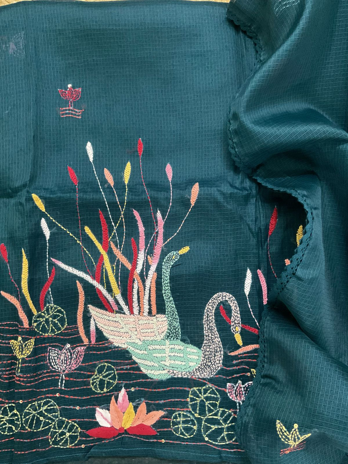 Soft Kota Silk Embroidered Suit - Peacock Blue