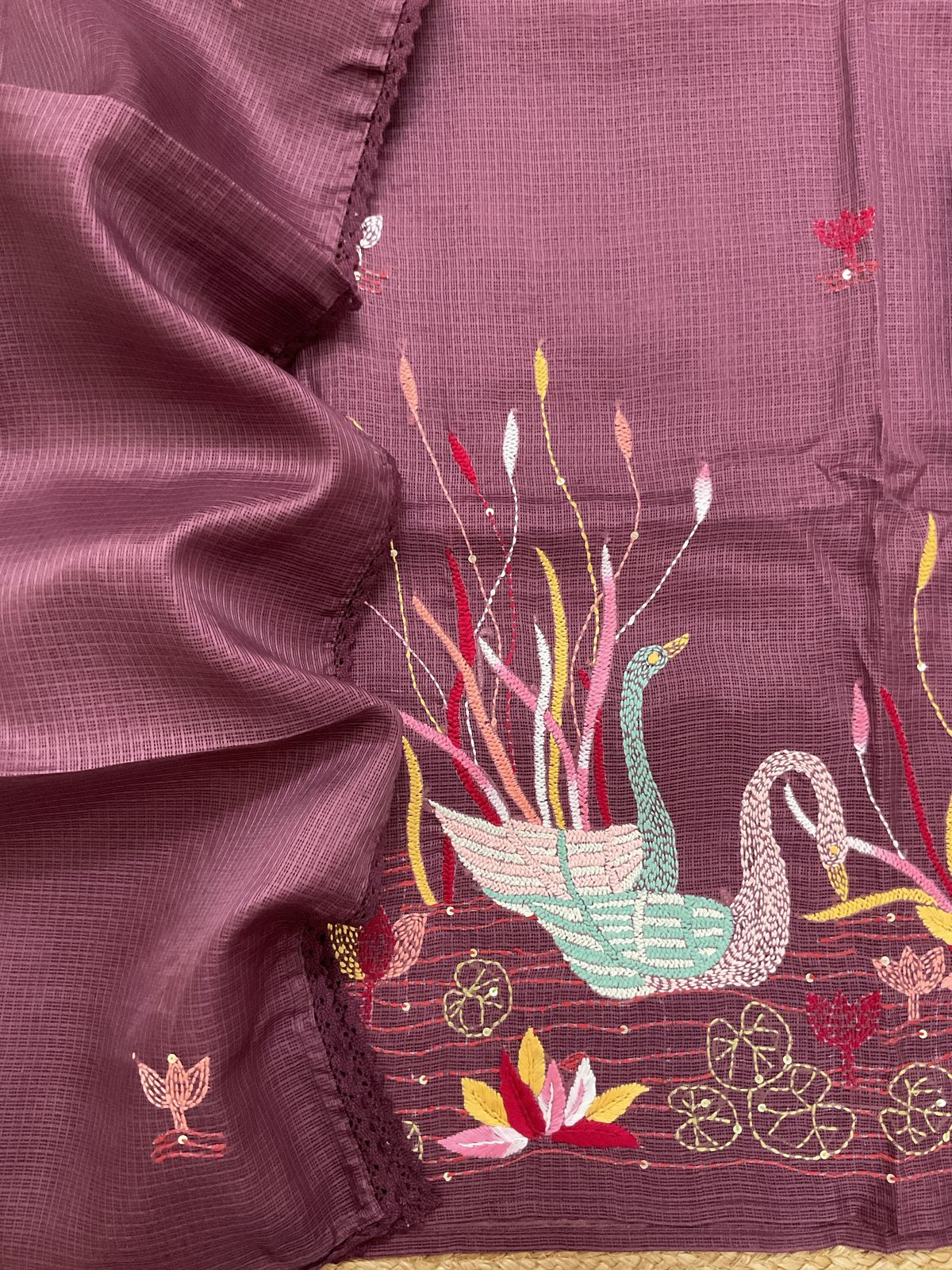 Soft Kota Silk Embroidered Suit - Pinkish Wine