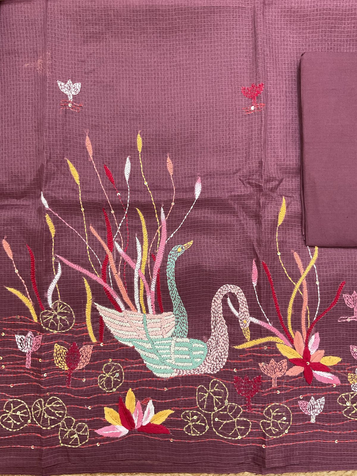 Soft Kota Silk Embroidered Suit - Pinkish Wine