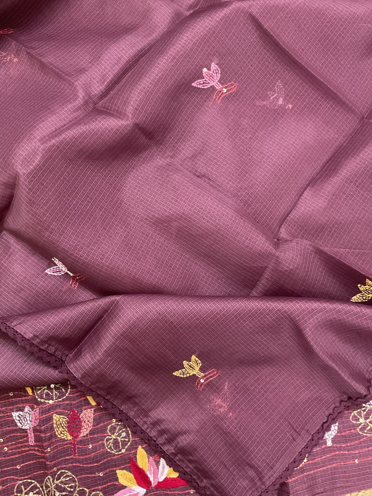 Soft Kota Silk Embroidered Suit - Pinkish Wine