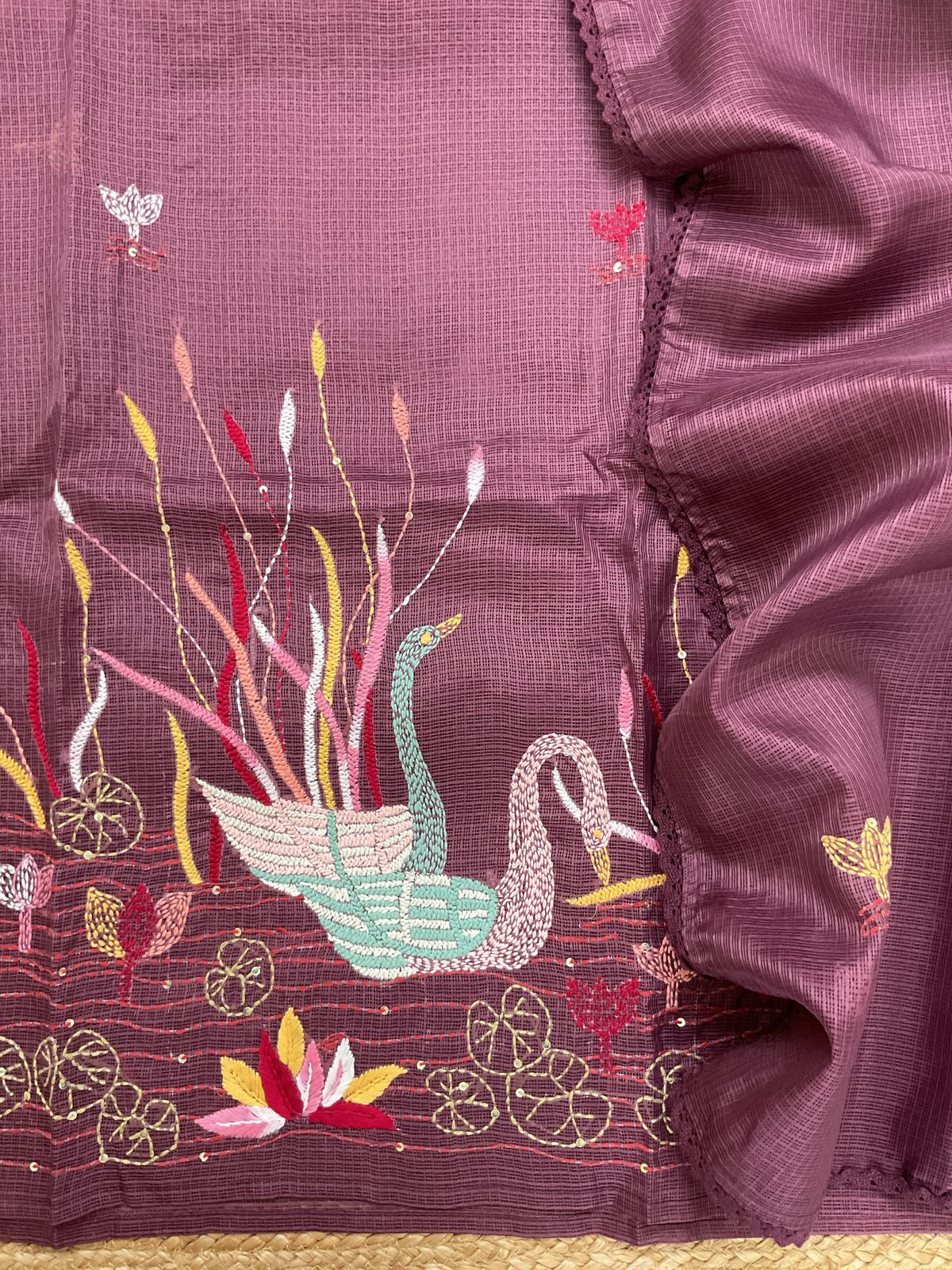 Soft Kota Silk Embroidered Suit - Pinkish Wine