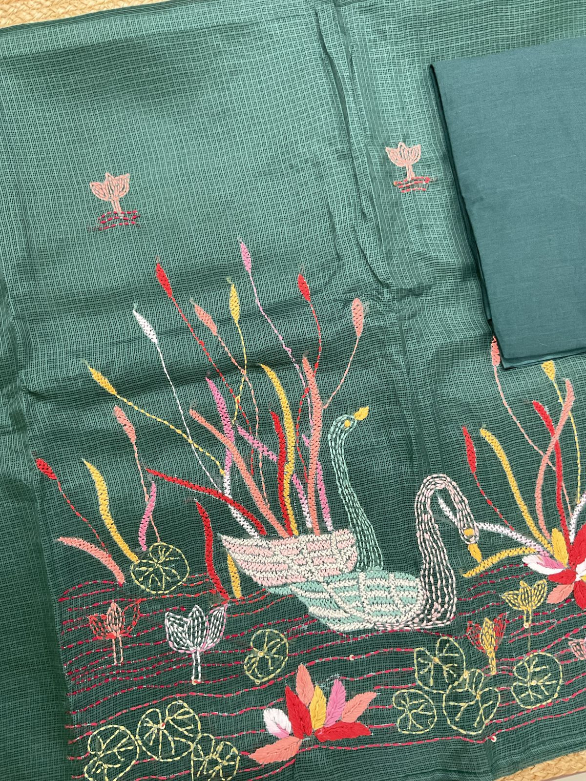 Soft Kota Silk Embroidered Suit - Green