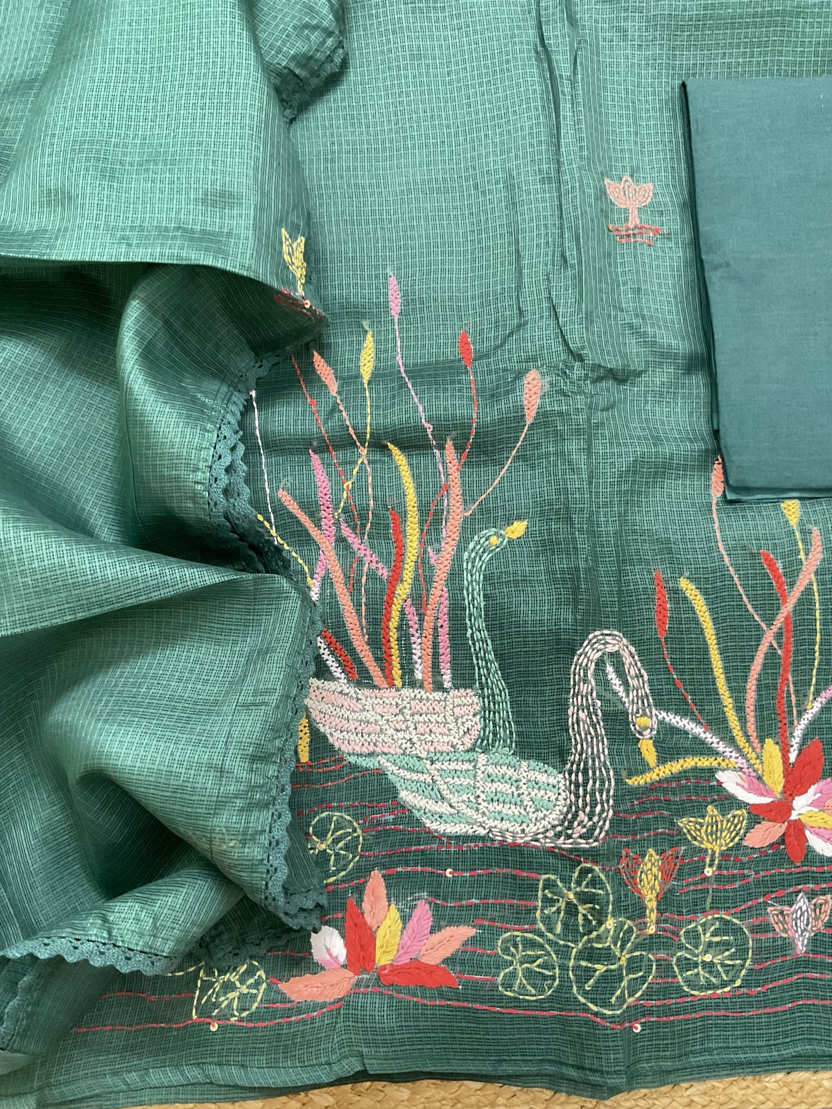 Soft Kota Silk Embroidered Suit - Green