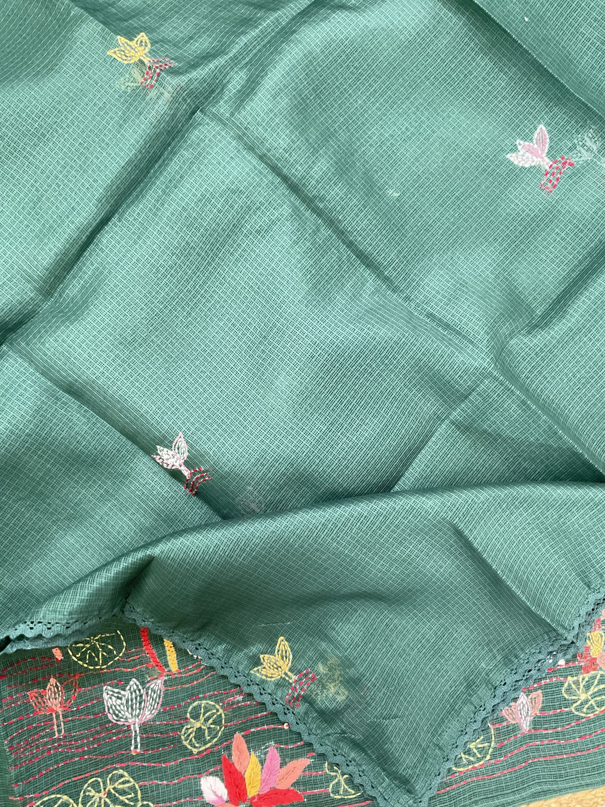 Soft Kota Silk Embroidered Suit - Green