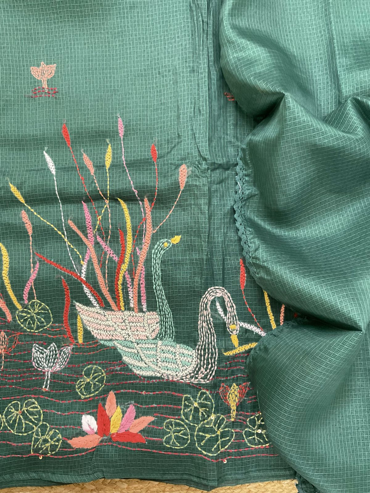 Soft Kota Silk Embroidered Suit - Green