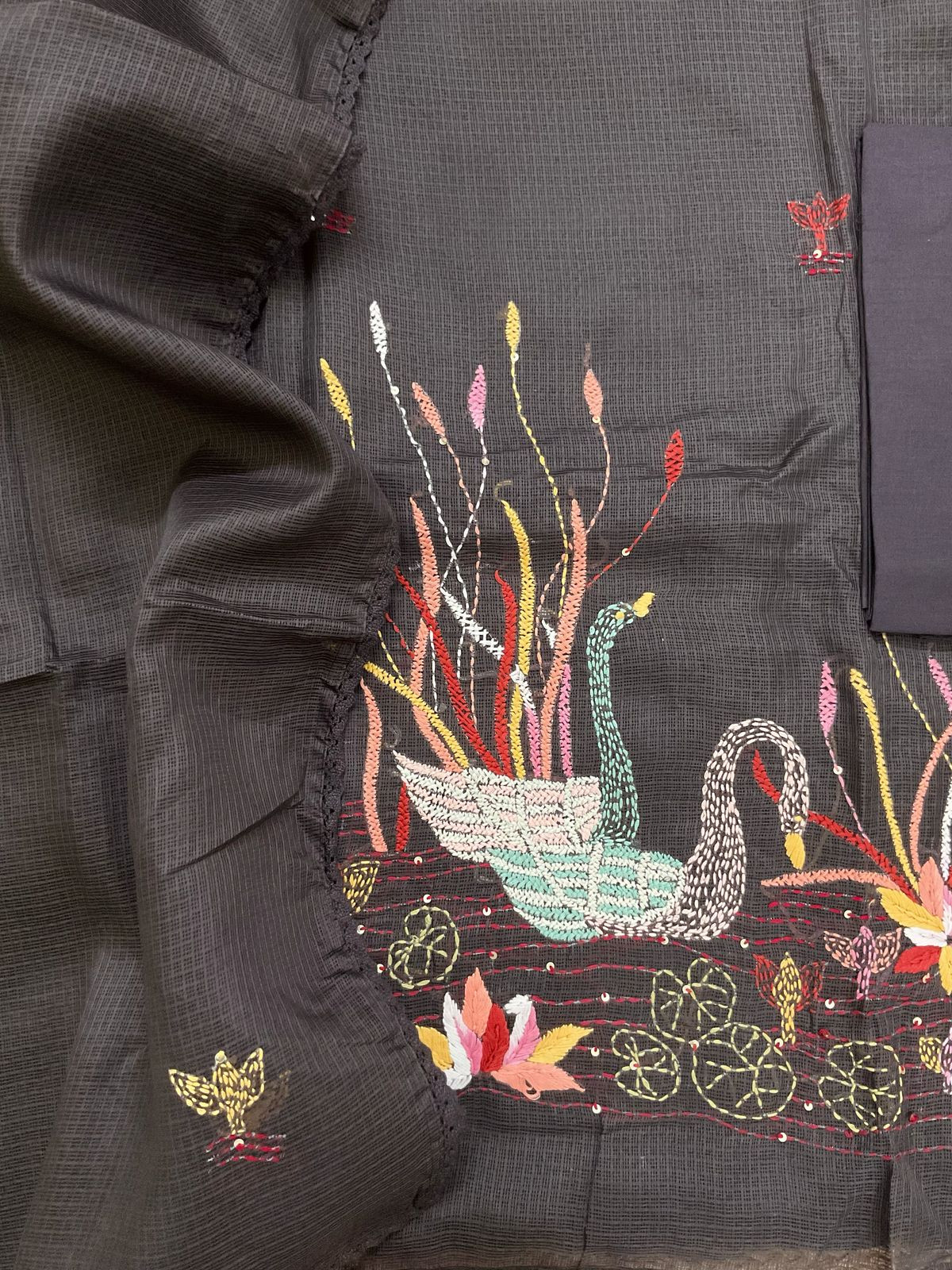 Soft Kota Silk Embroidered Suit - Brown