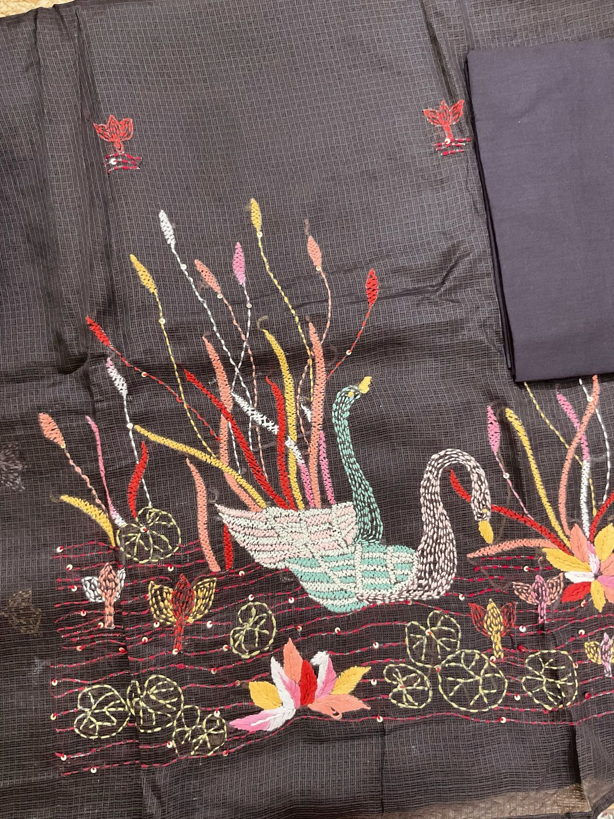 Soft Kota Silk Embroidered Suit - Brown