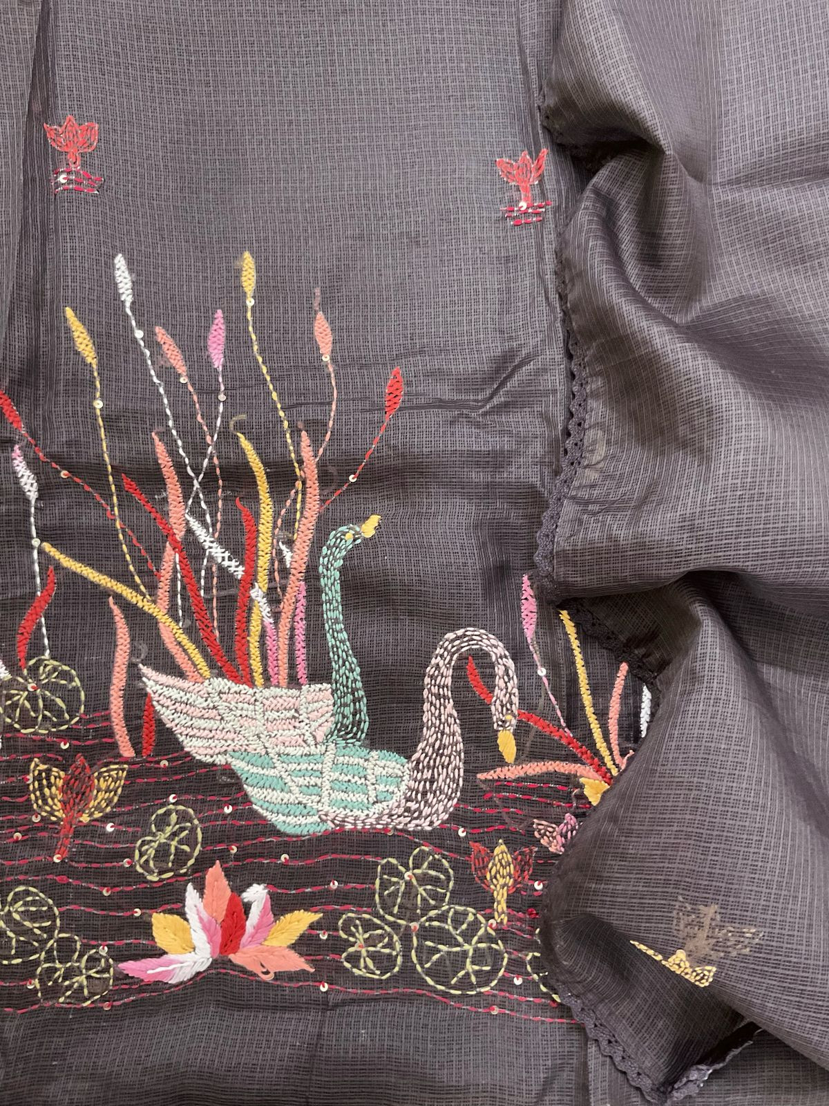 Soft Kota Silk Embroidered Suit - Brown