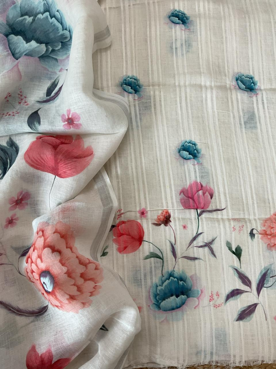 Pure Linen Jute Cotton Printed Suit - Offwhite