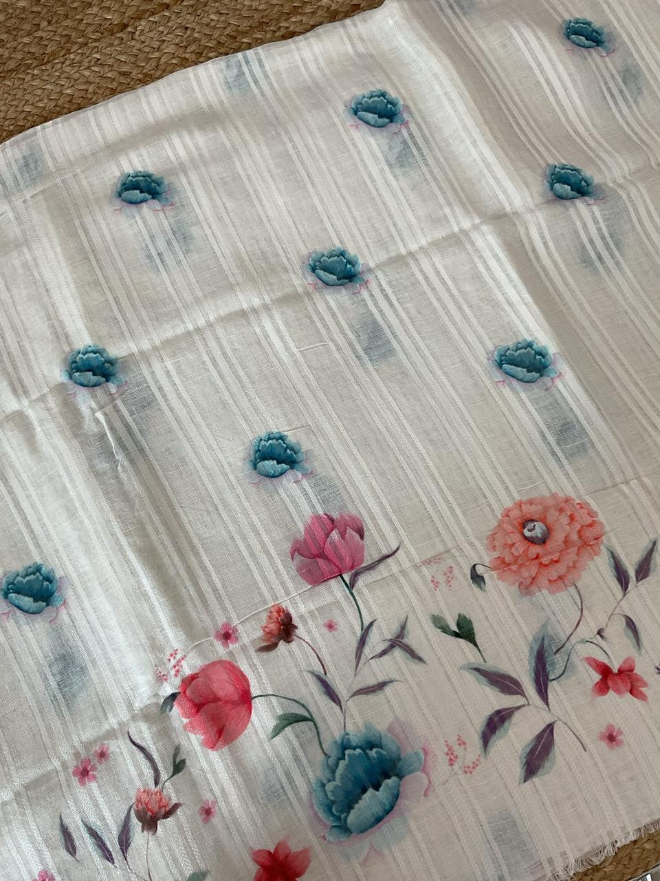 Pure Linen Jute Cotton Printed Suit - Offwhite