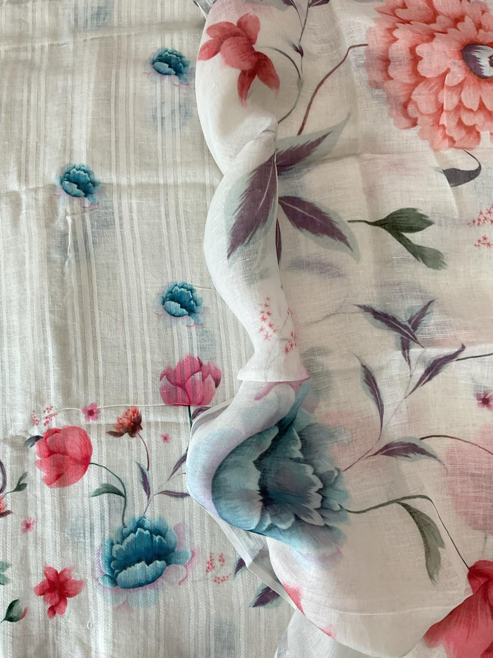 Pure Linen Jute Cotton Printed Suit - Offwhite