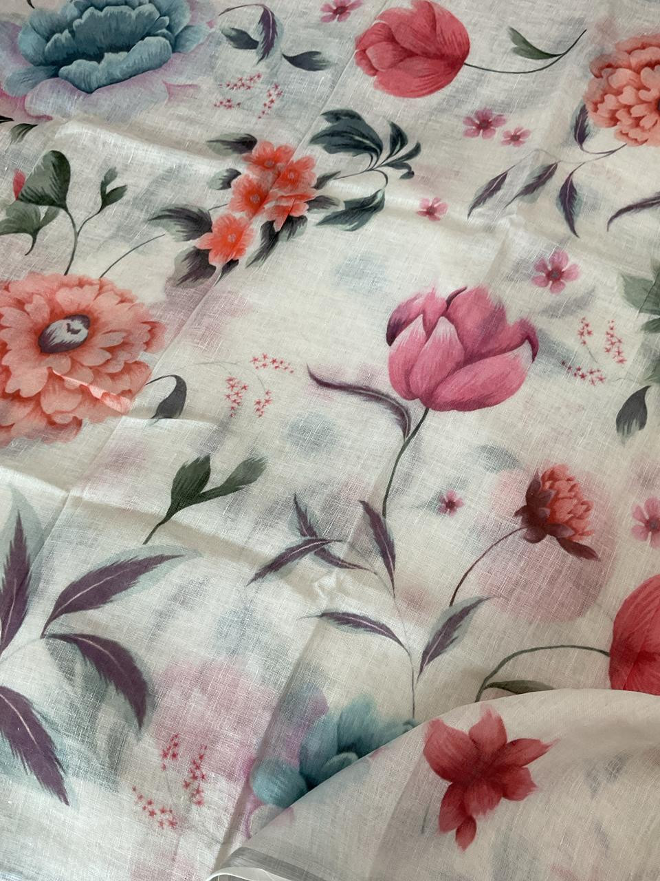 Pure Linen Jute Cotton Printed Suit - Offwhite