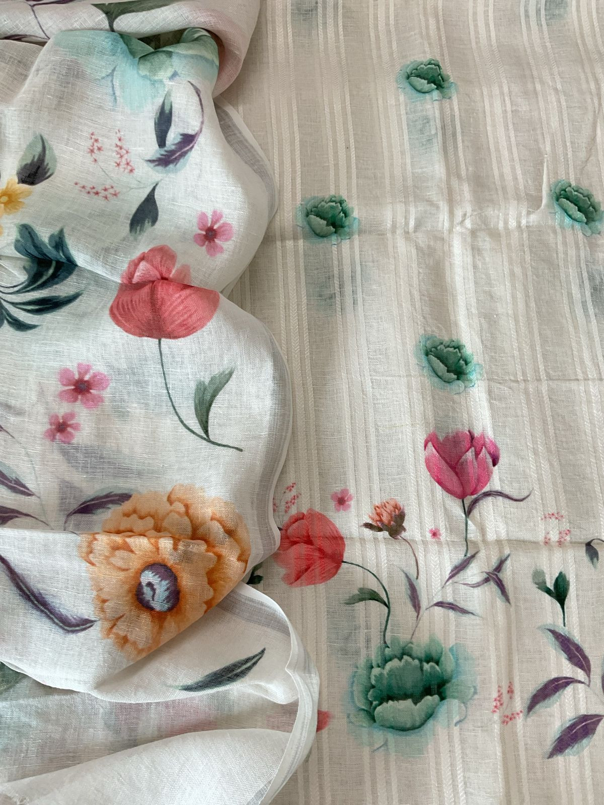 Pure Linen Jute Cotton Printed Suit - Offwhite