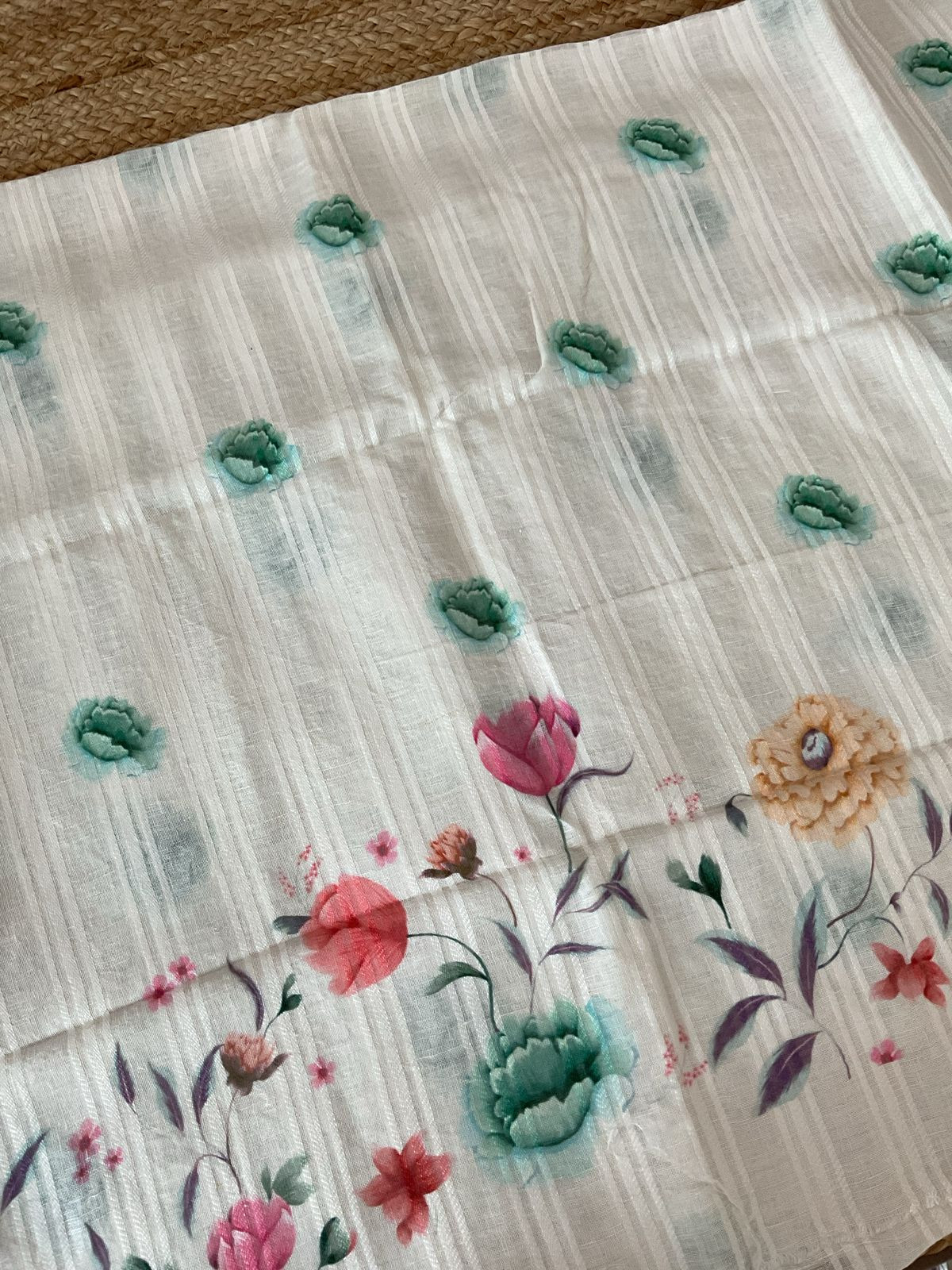 Pure Linen Jute Cotton Printed Suit - Offwhite