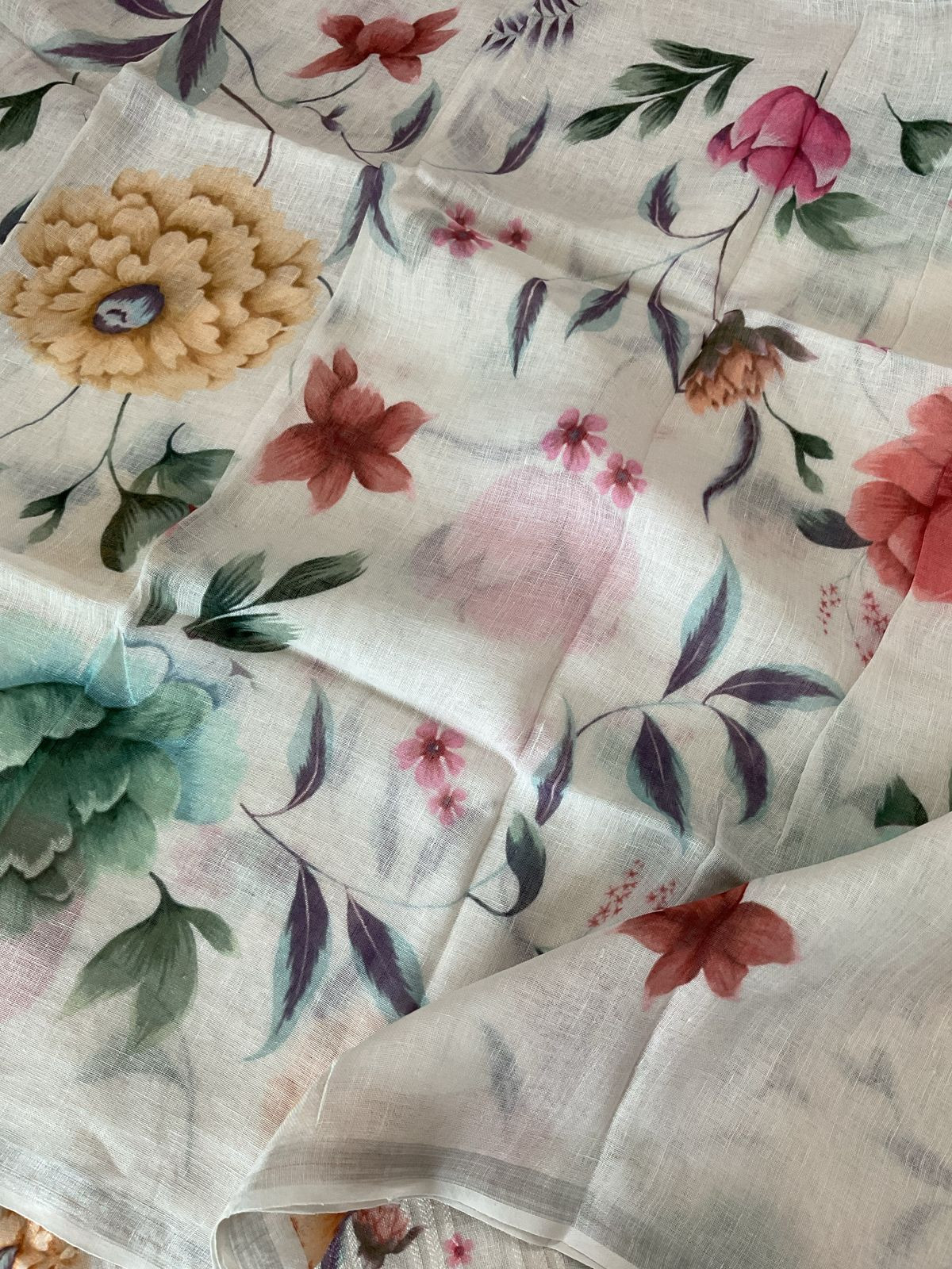 Pure Linen Jute Cotton Printed Suit - Offwhite