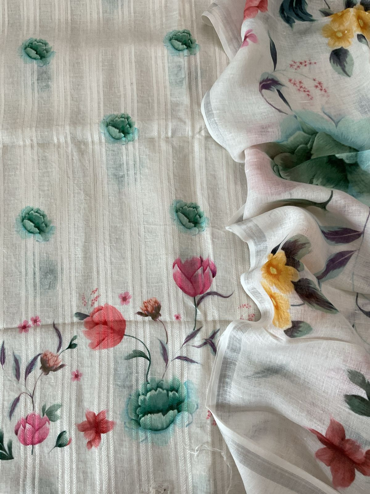 Pure Linen Jute Cotton Printed Suit - Offwhite