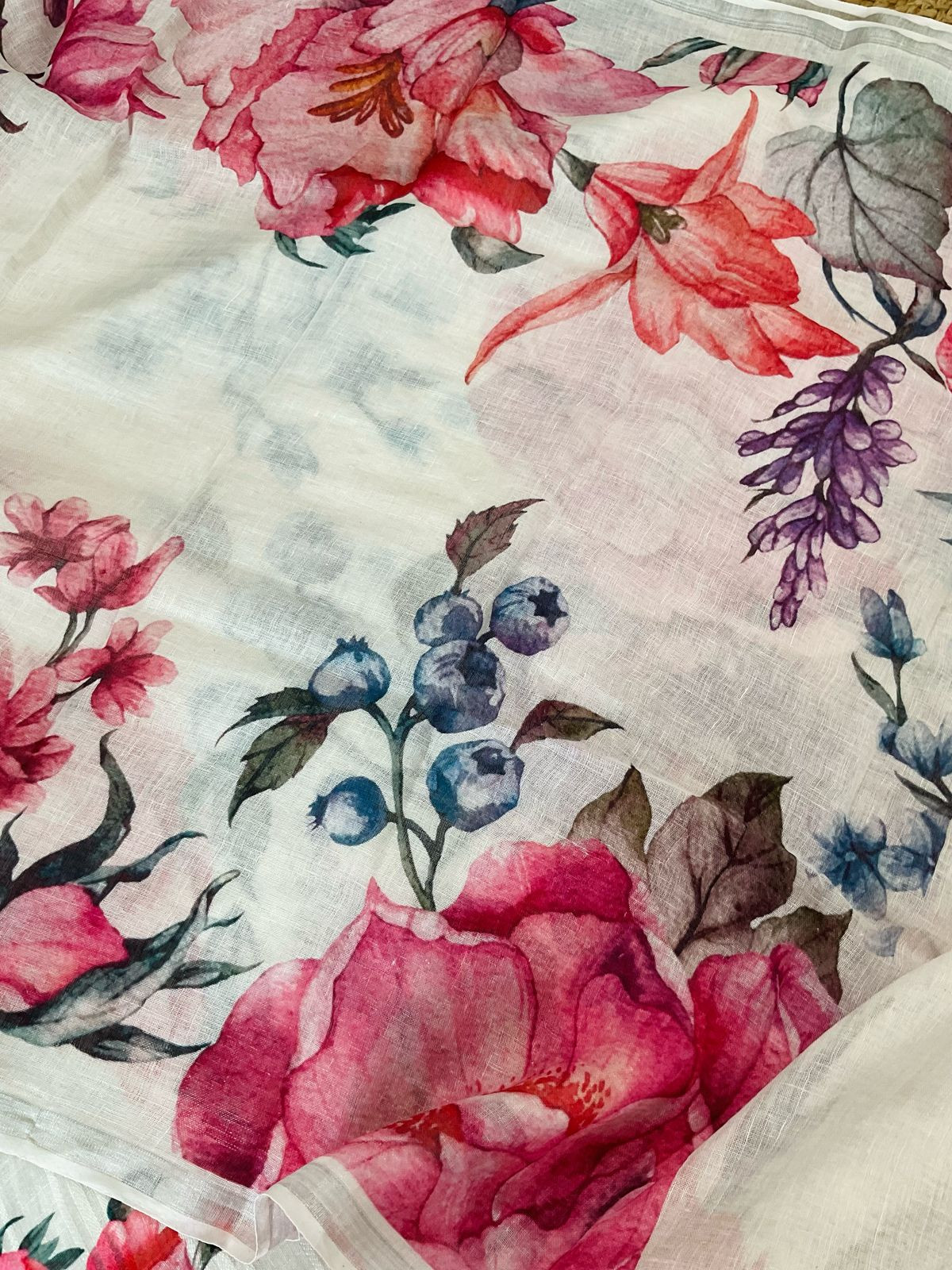 Pure Linen Jute Cotton Printed Suit - Offwhite