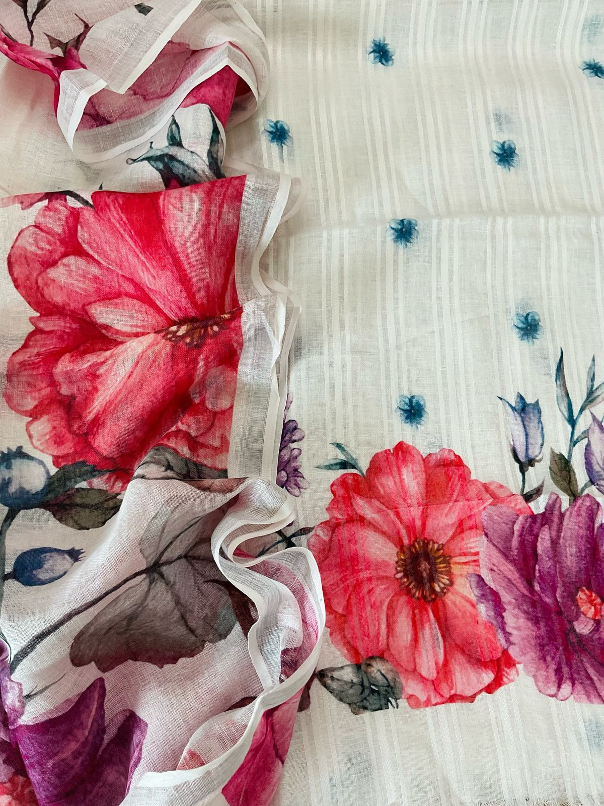 Pure Linen Jute Cotton Printed Suit - Offwhite