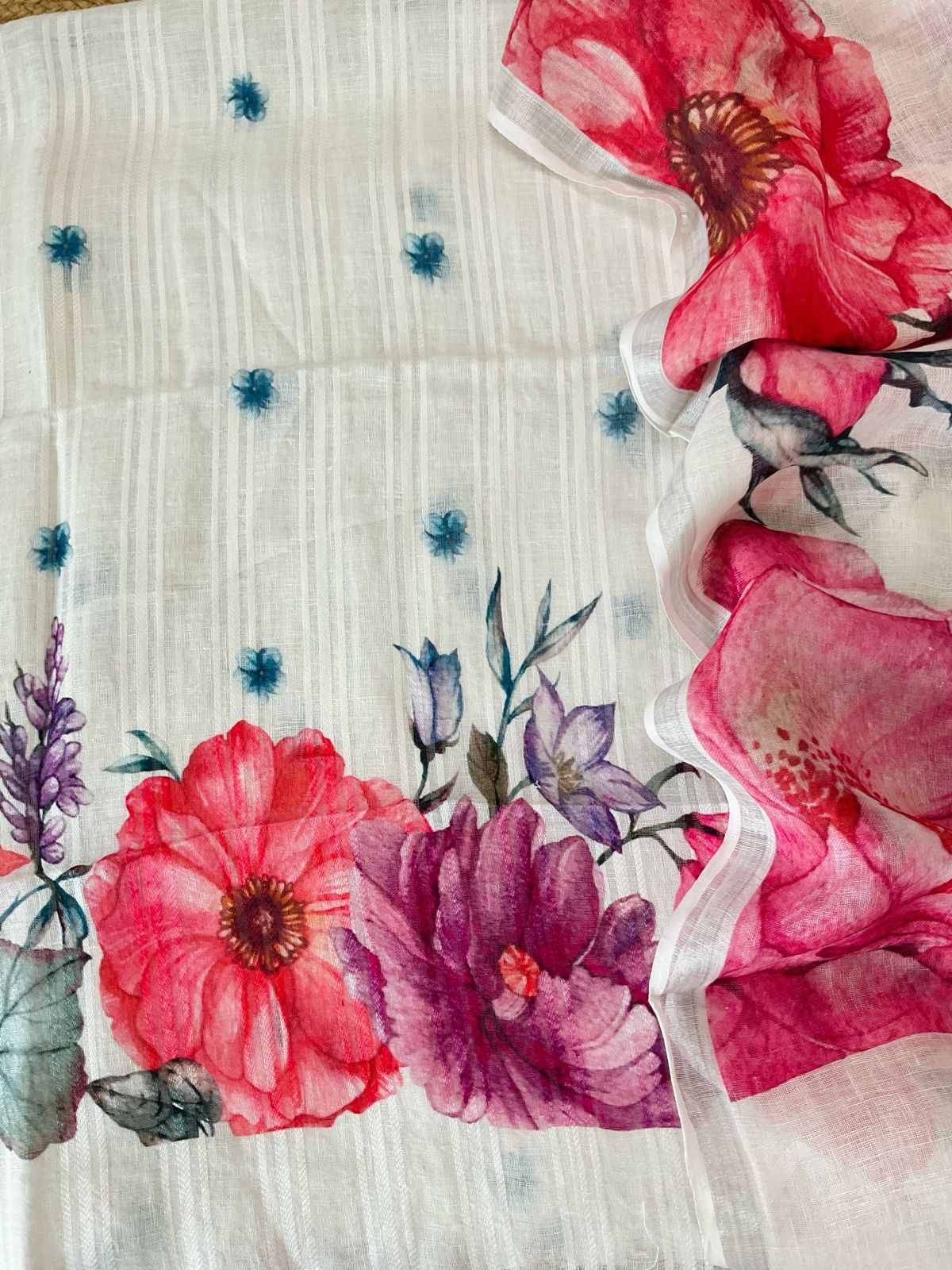 Pure Linen Jute Cotton Printed Suit - Offwhite