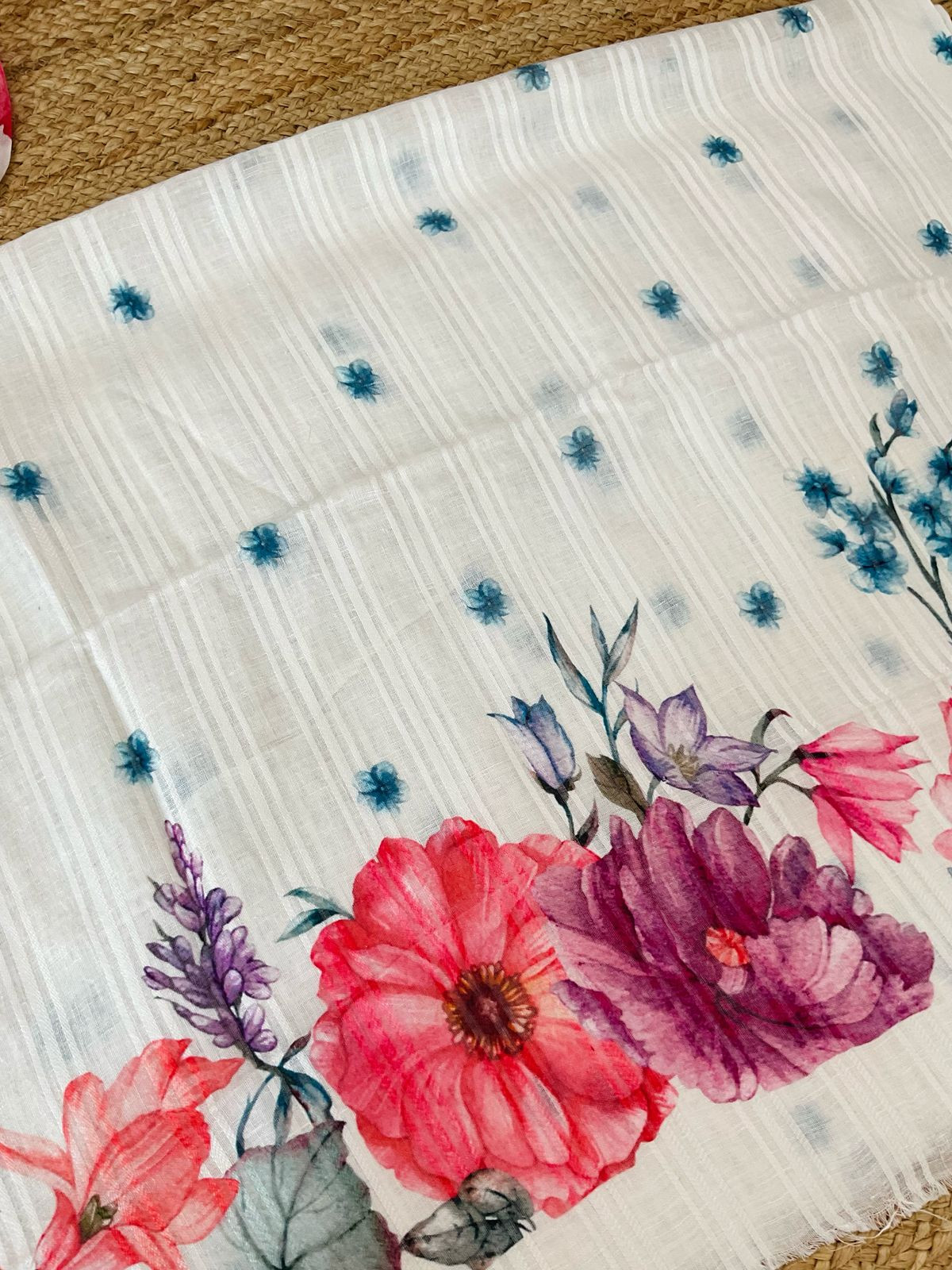 Pure Linen Jute Cotton Printed Suit - Offwhite