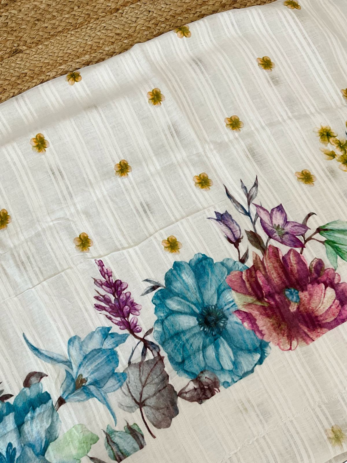 Pure Linen Jute Cotton Printed Suit - Offwhite