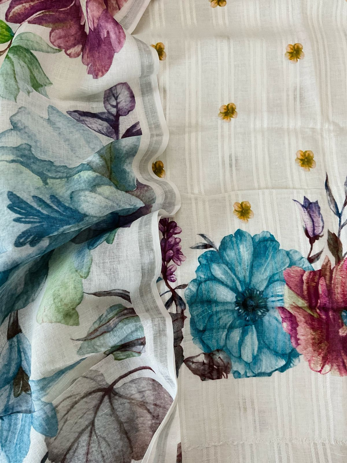 Pure Linen Jute Cotton Printed Suit - Offwhite