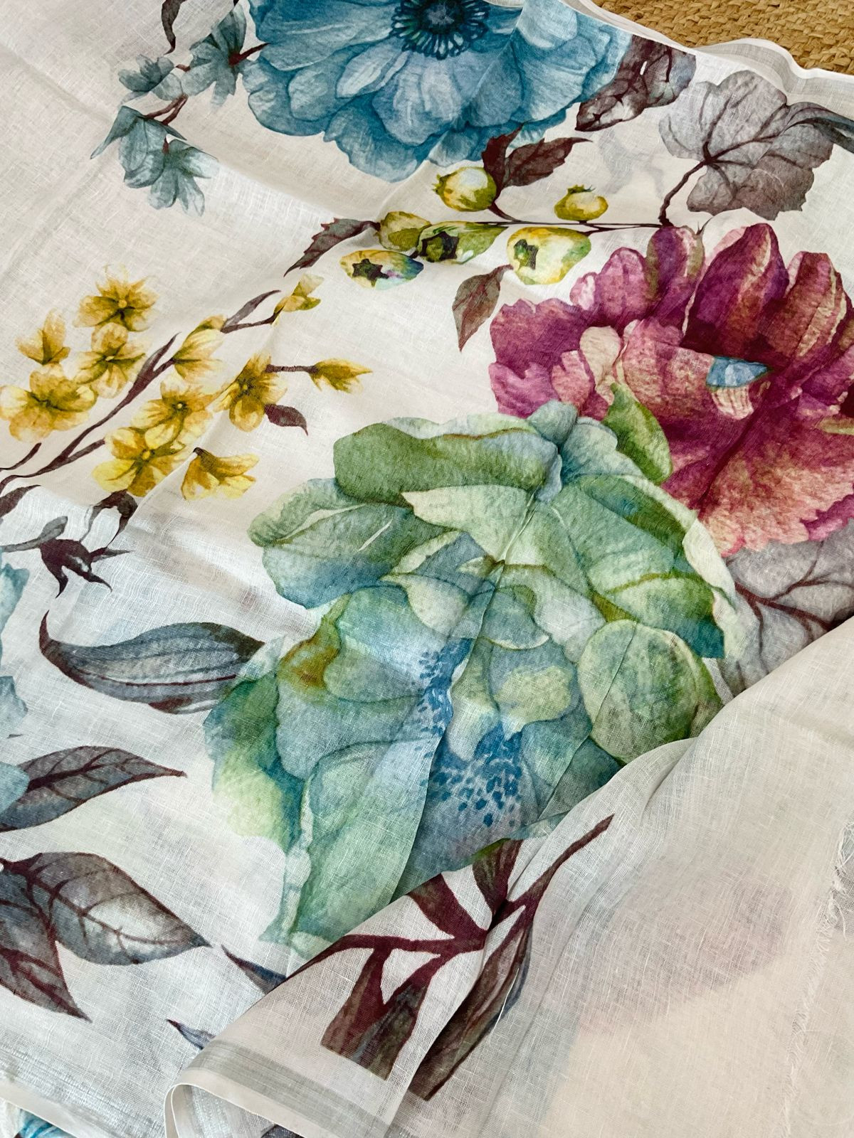 Pure Linen Jute Cotton Printed Suit - Offwhite