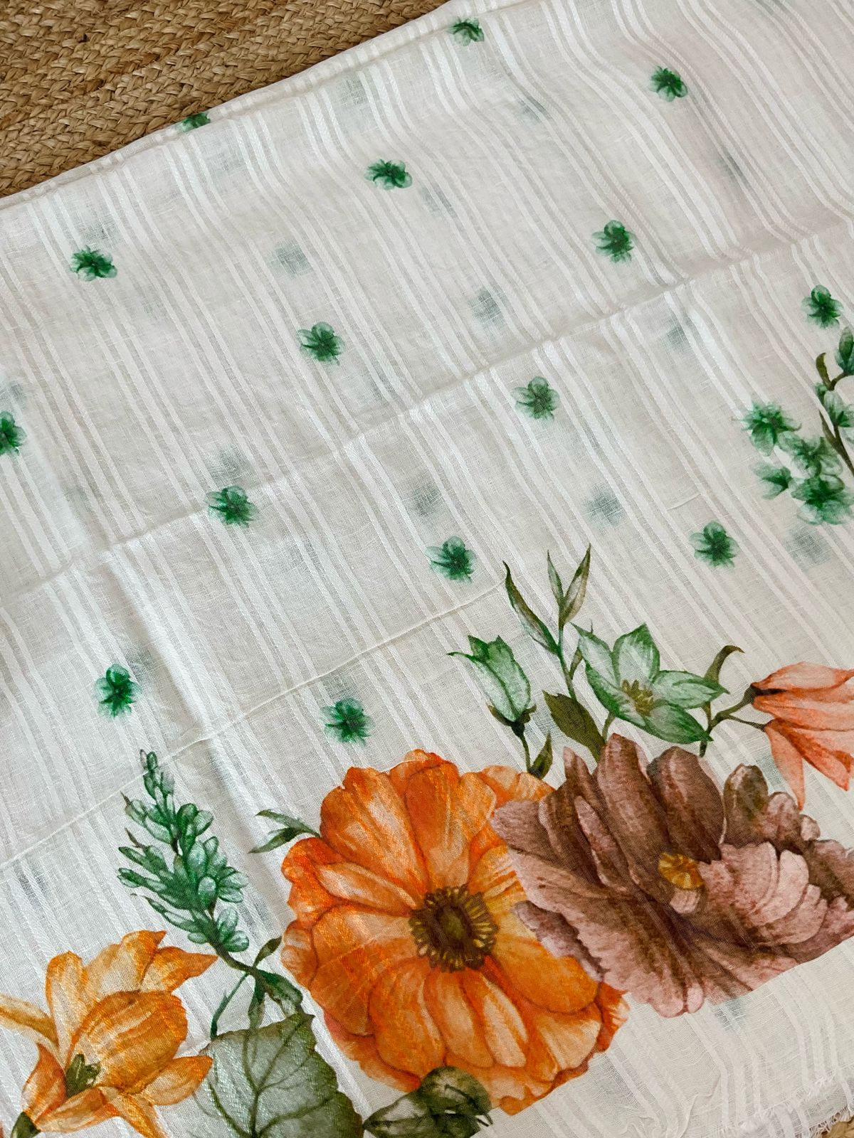 Pure Linen Jute Cotton Printed Suit - Offwhite