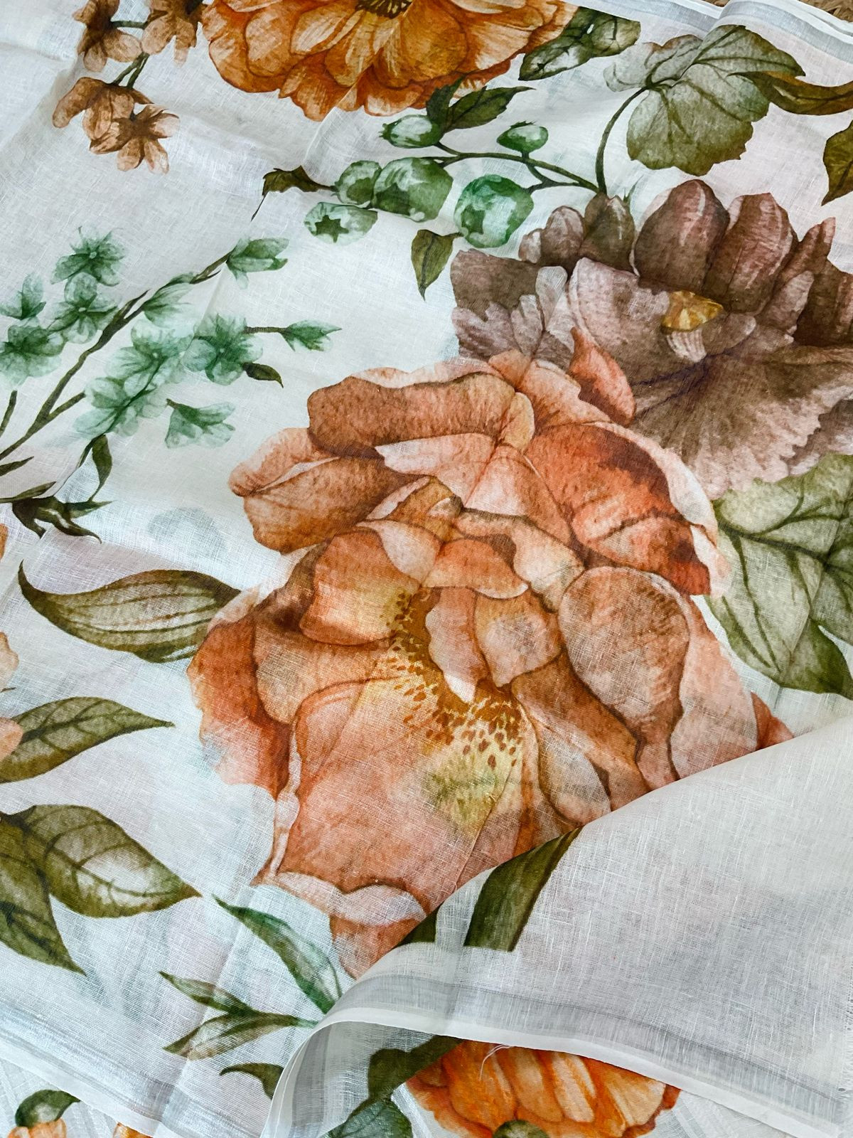 Pure Linen Jute Cotton Printed Suit - Offwhite