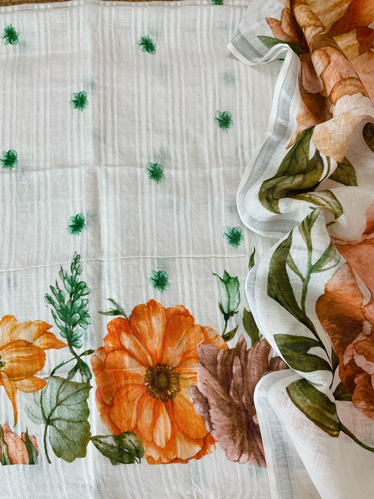 Pure Linen Jute Cotton Printed Suit - Offwhite