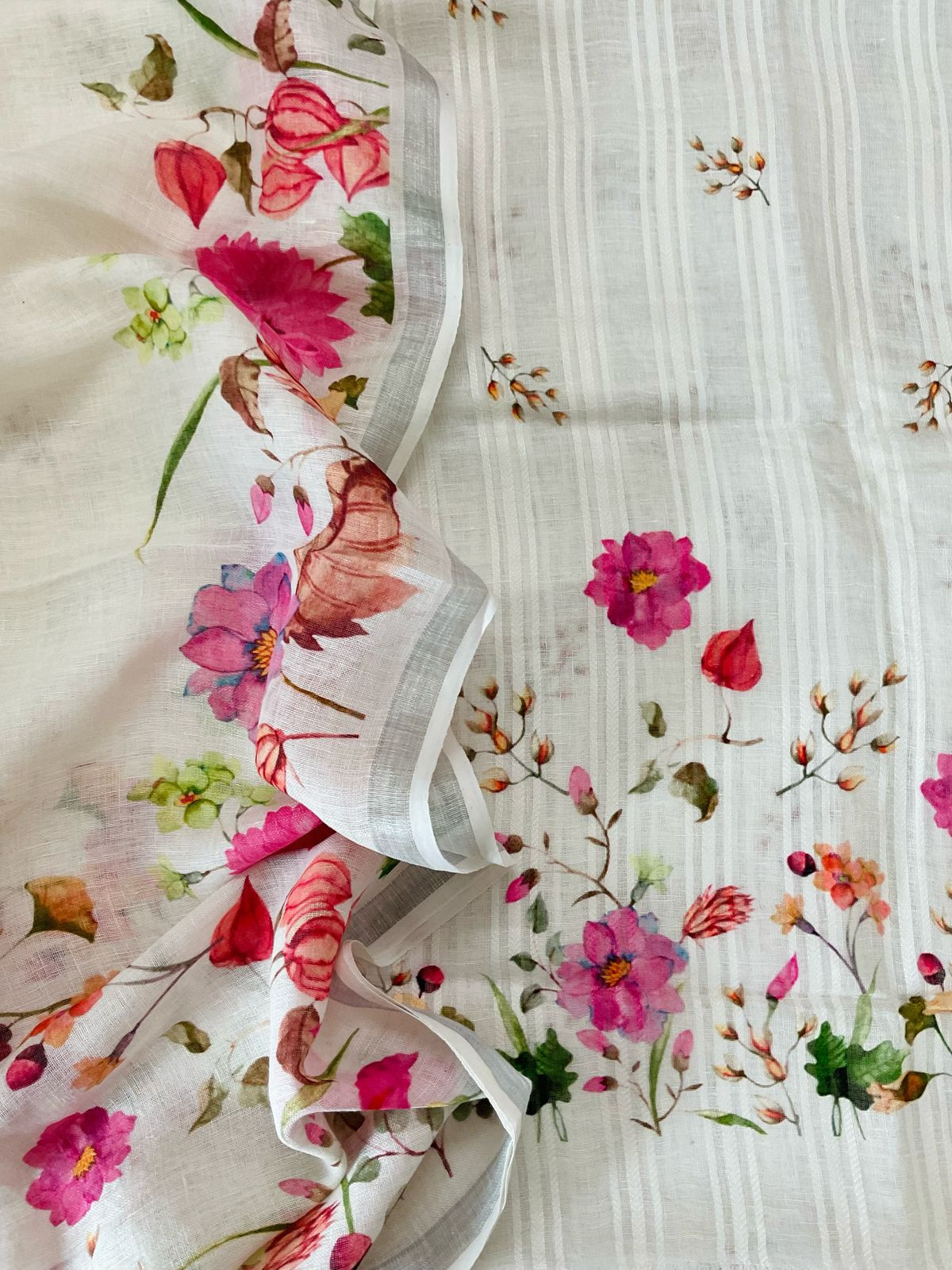 Pure Linen Jute Cotton Printed Suit - Offwhite