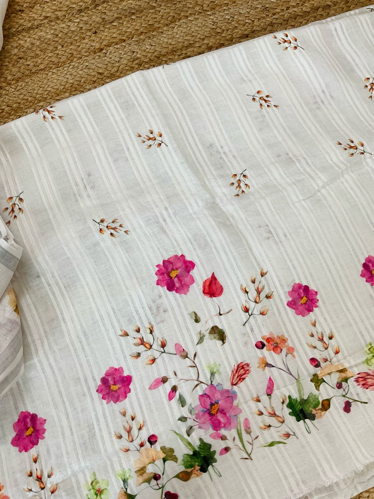 Pure Linen Jute Cotton Printed Suit - Offwhite