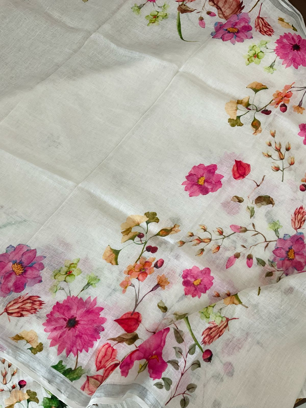 Pure Linen Jute Cotton Printed Suit - Offwhite