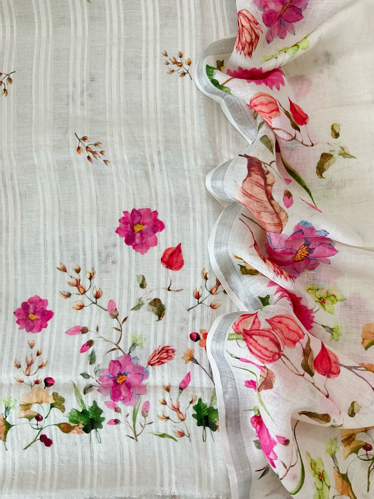 Pure Linen Jute Cotton Printed Suit - Offwhite