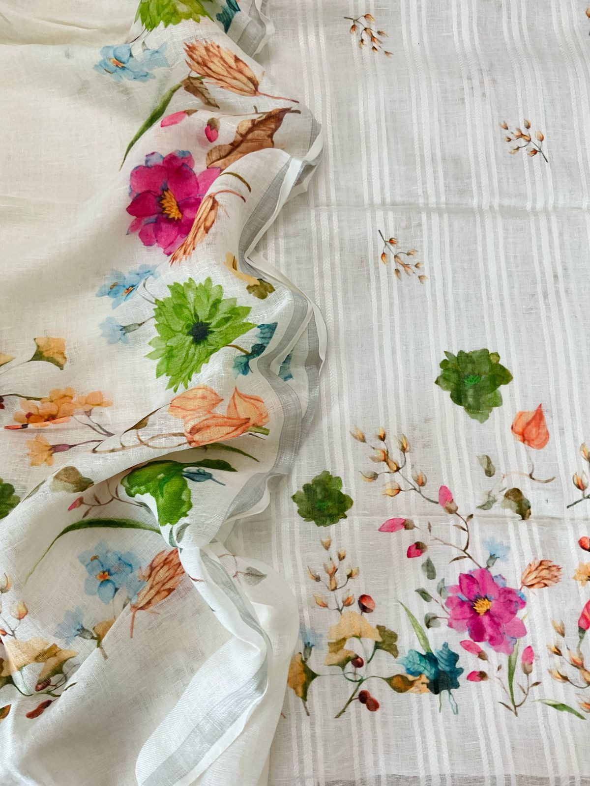 Pure Linen Jute Cotton Printed Suit - Offwhite